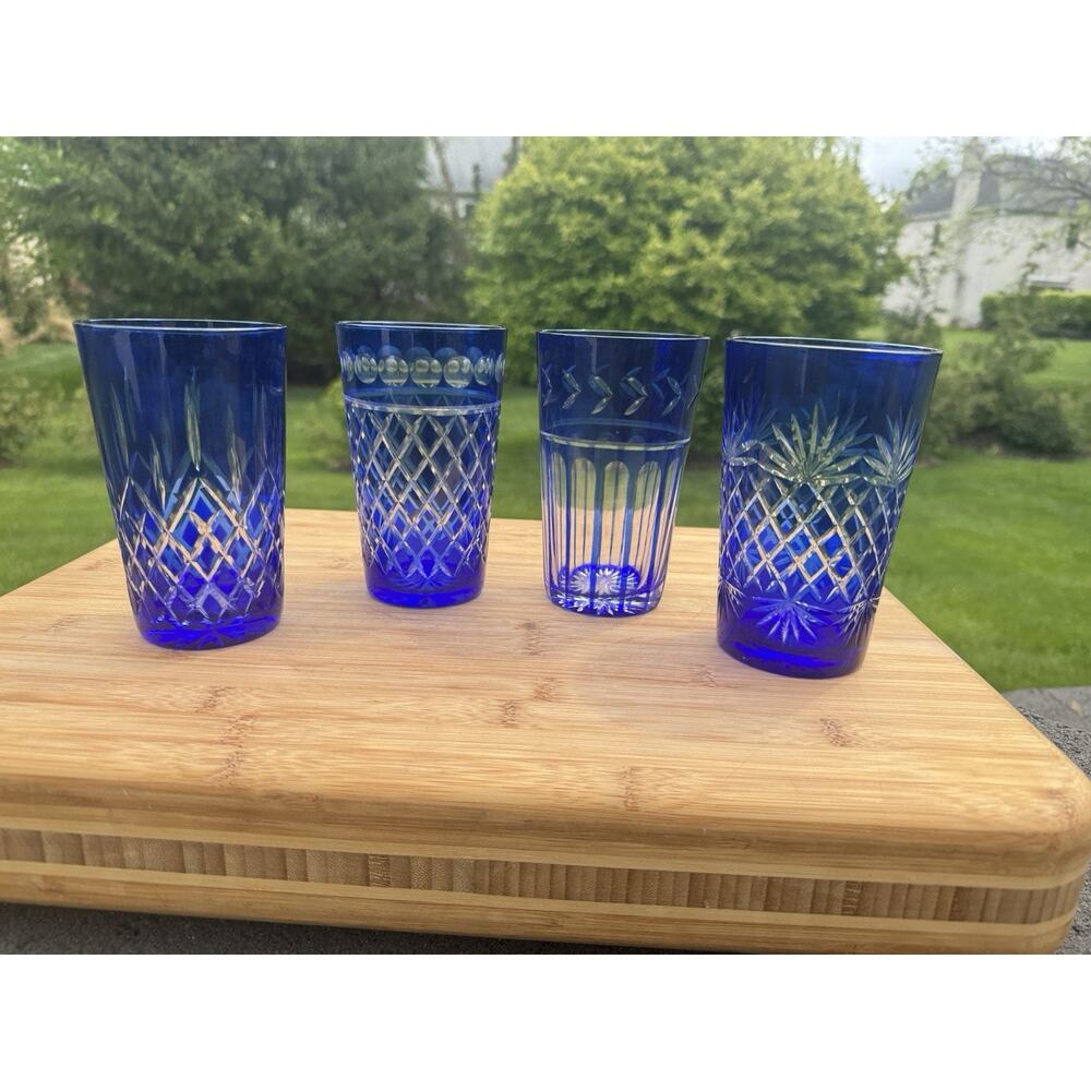 VTG Cobalt Blue Cut to Clear Highball Glasses 16oz Bohemian Crystal~set Of 4